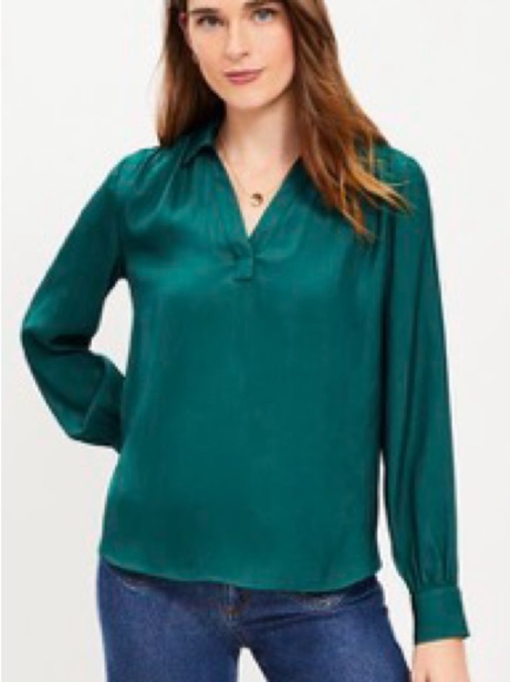 Like New LOFT Collared V Neck Blouse, Deep Jade Green, Size XXLP, Flowy, chic!